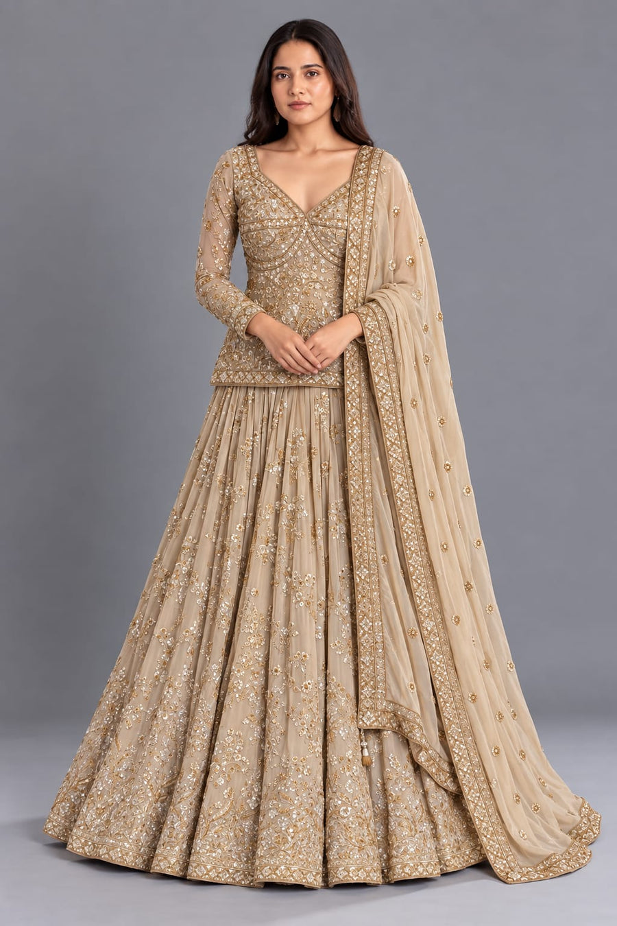 Beige Embroidered Lehenga Set with Dupatta for Wedding & Festive Wear