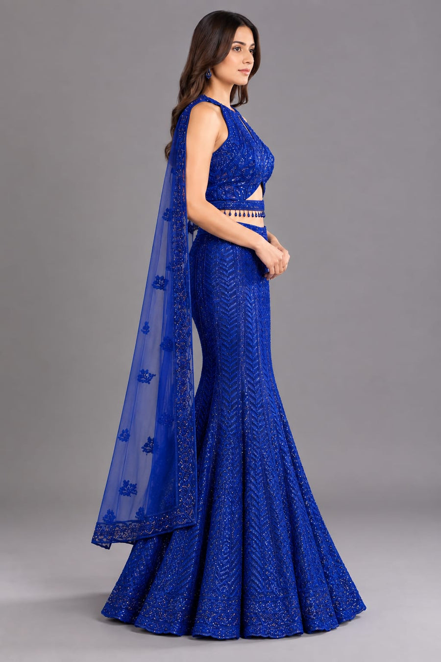 Royal Blue Sequin Fishcut Lehenga with Drape for Engagement Wear Style