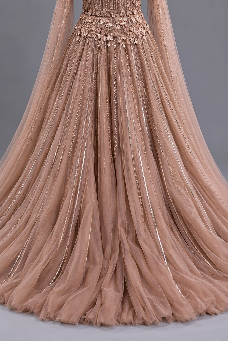Designer Dusty Rose Pink Embroidered Net Gown with Cape Sleeves