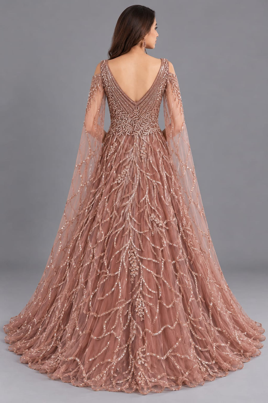 Rose Gold Sequin Embroidered Designer Gown with Cape Sleeves for Women