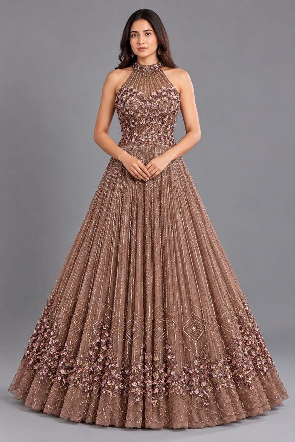 Glamorous Dusty Rose Net Gown with Halter Neck and Floral Embroidery