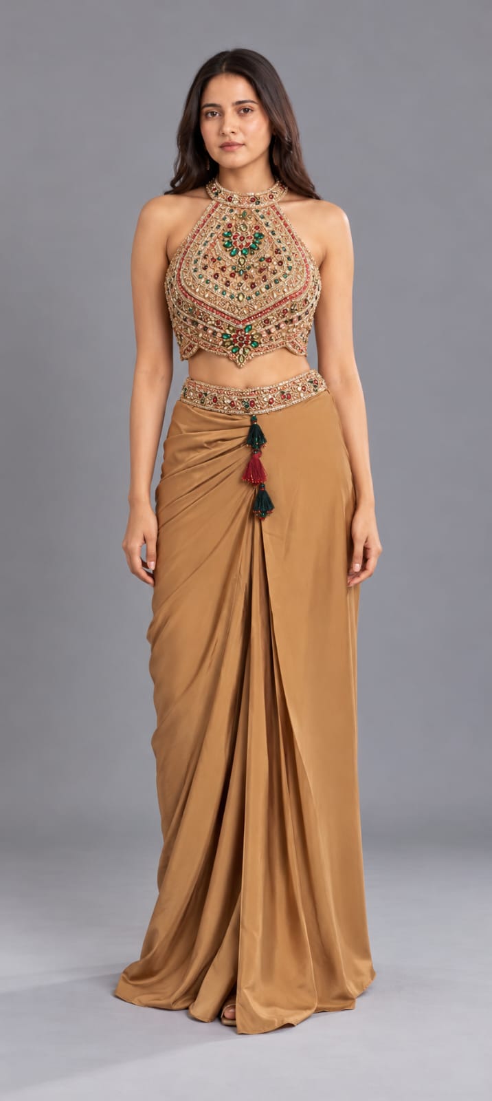 Gold Embellished Halter Neck Blouse with Draped Dhoti Skirt Set