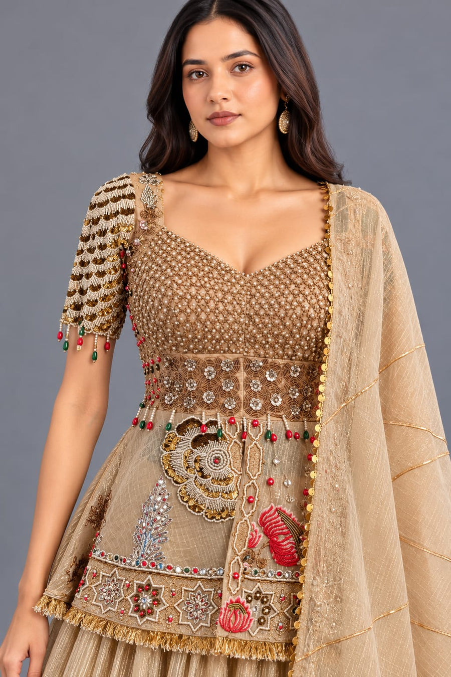 Gold Embroidered Indo Western Peplum Lehenga with Dupatta for Women