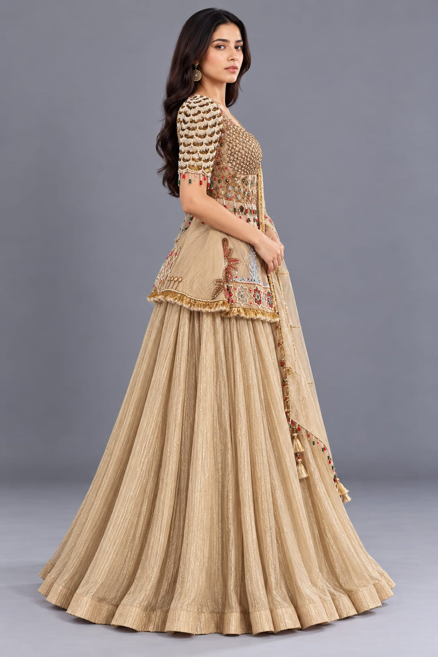 Gold Embroidered Indo Western Peplum Lehenga with Dupatta for Women