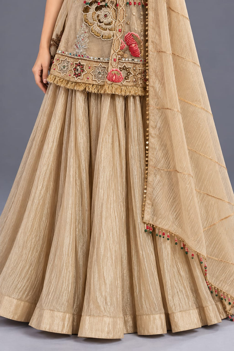 Gold Embroidered Indo Western Peplum Lehenga with Dupatta for Women
