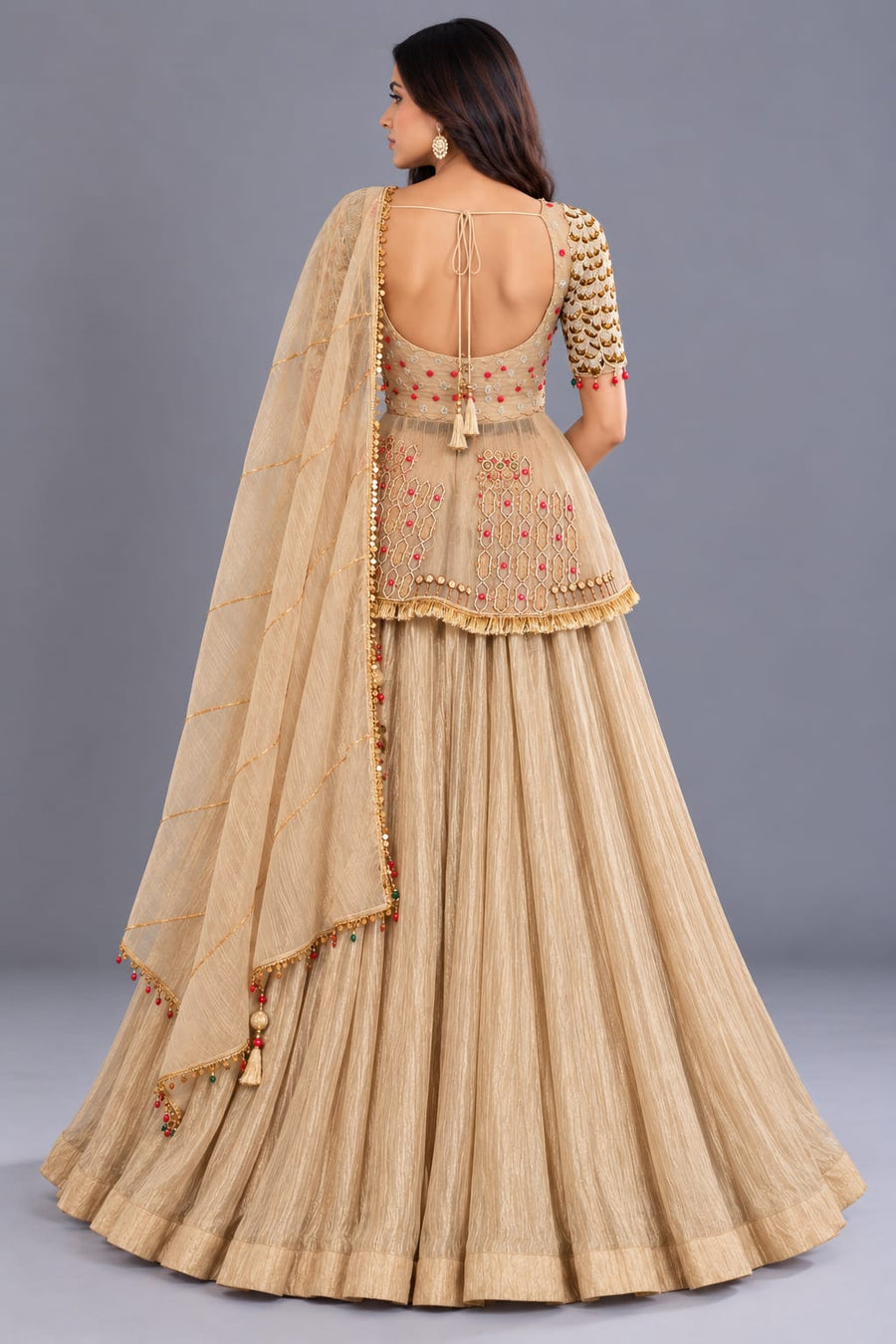 Gold Embroidered Indo Western Peplum Lehenga with Dupatta for Women