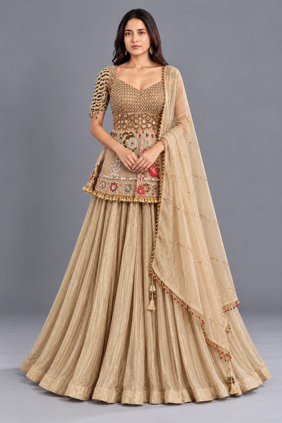 Gold Embroidered Indo Western Peplum Lehenga with Dupatta for Women