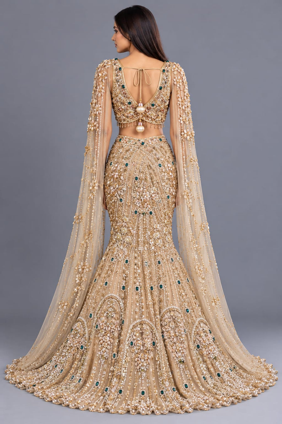 Gold Fishcut Lehenga with Intricate Embroidery and Cape Sleeves