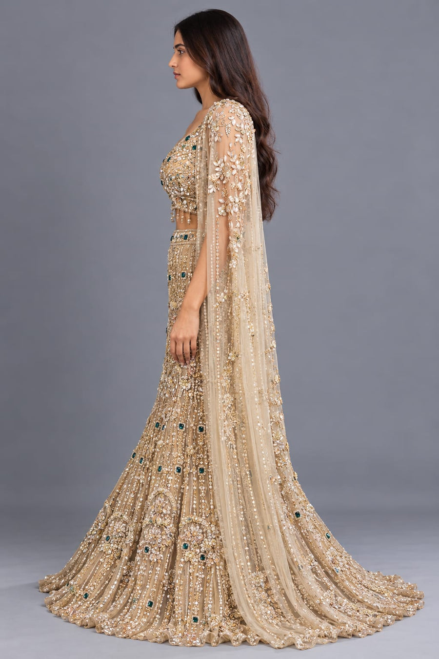 Gold Fishcut Lehenga with Intricate Embroidery and Cape Sleeves
