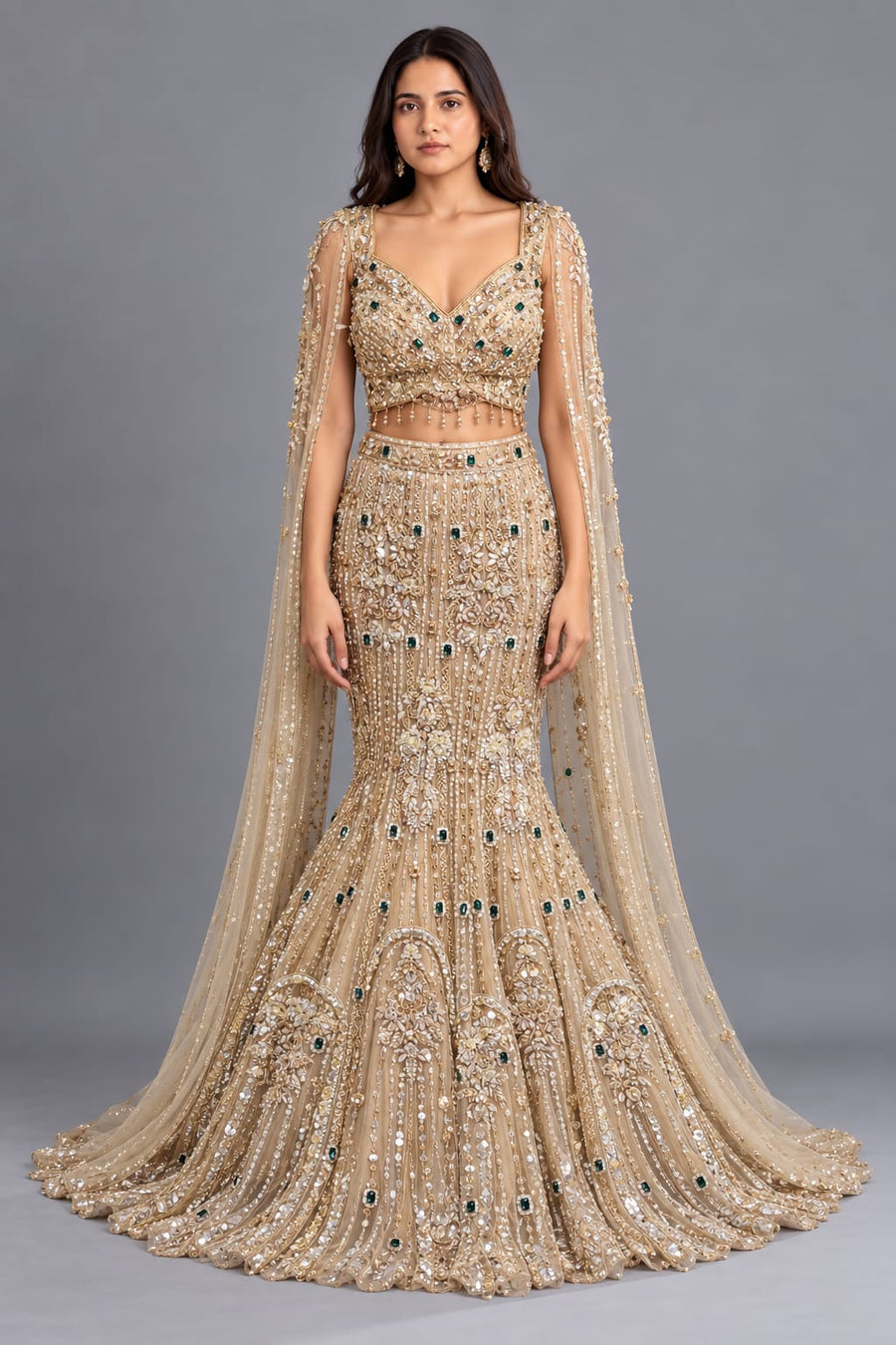 Gold Fishcut Lehenga with Intricate Embroidery and Cape Sleeves