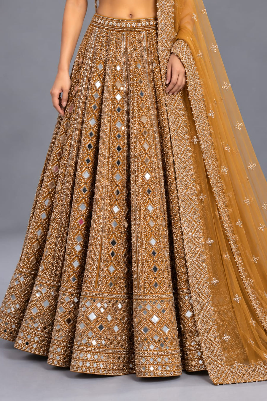 Gold Mirror Work Lehenga with Embellished Blouse & Net Dupatta