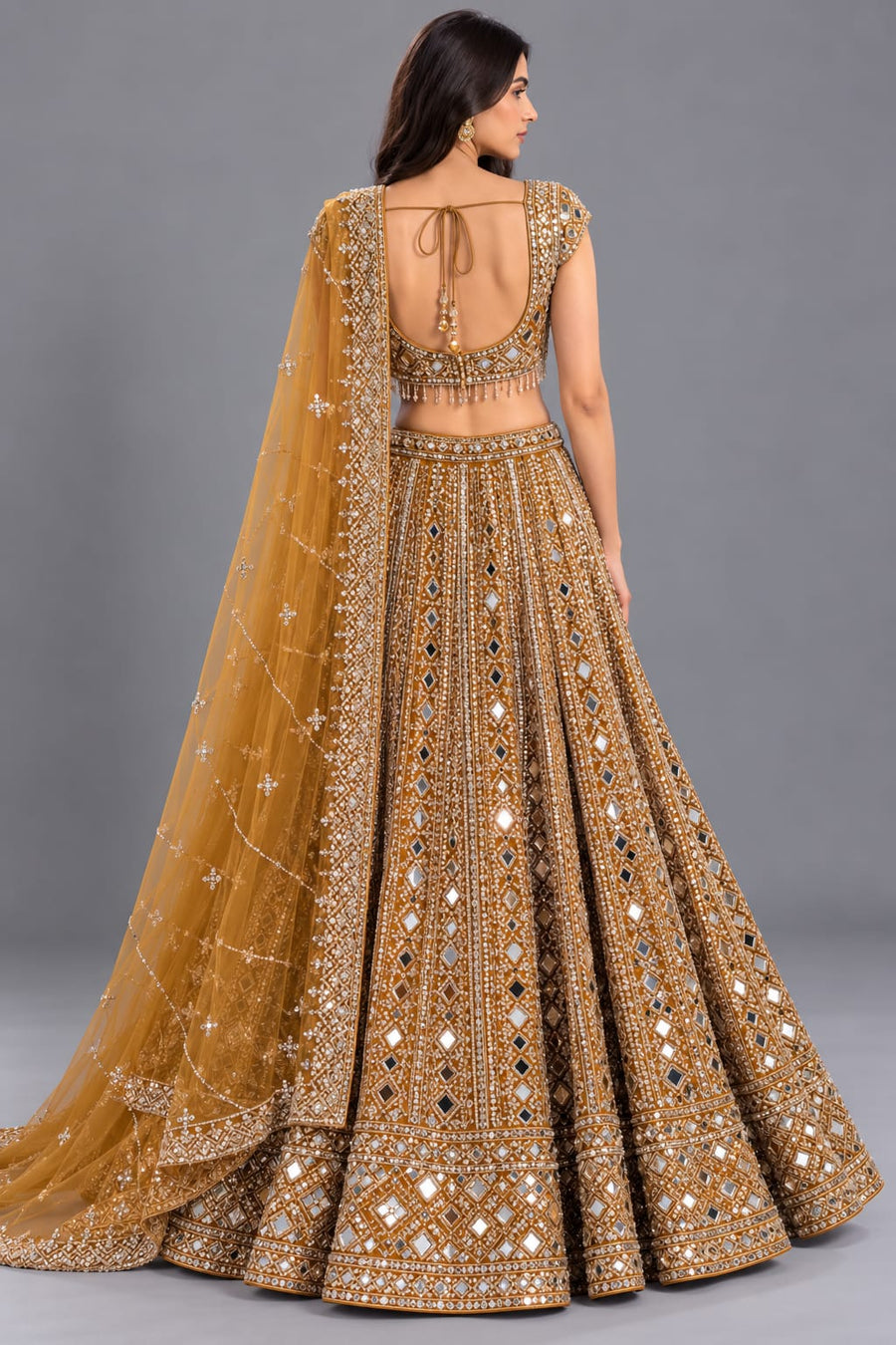 Gold Mirror Work Lehenga with Embellished Blouse & Net Dupatta