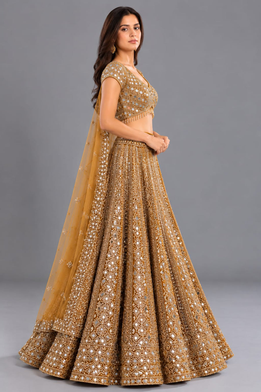 Gold Mirror Work Lehenga with Embellished Blouse & Net Dupatta