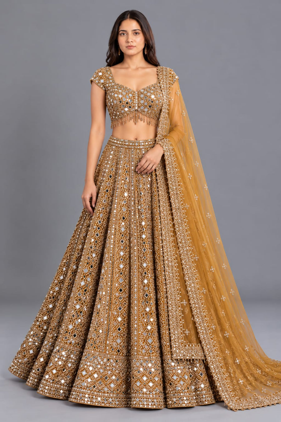 Gold Mirror Work Lehenga with Embellished Blouse & Net Dupatta