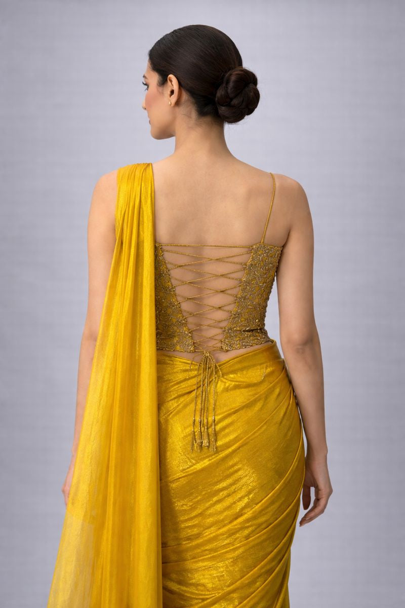 Gold Pre Drape Saree With Co-ord Set Style Blouse 