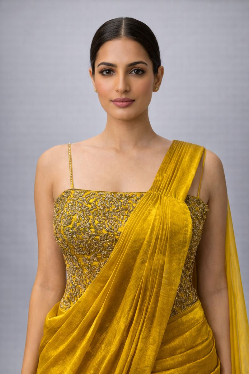 Gold Pre Drape Saree With Co-ord Set Style Blouse 