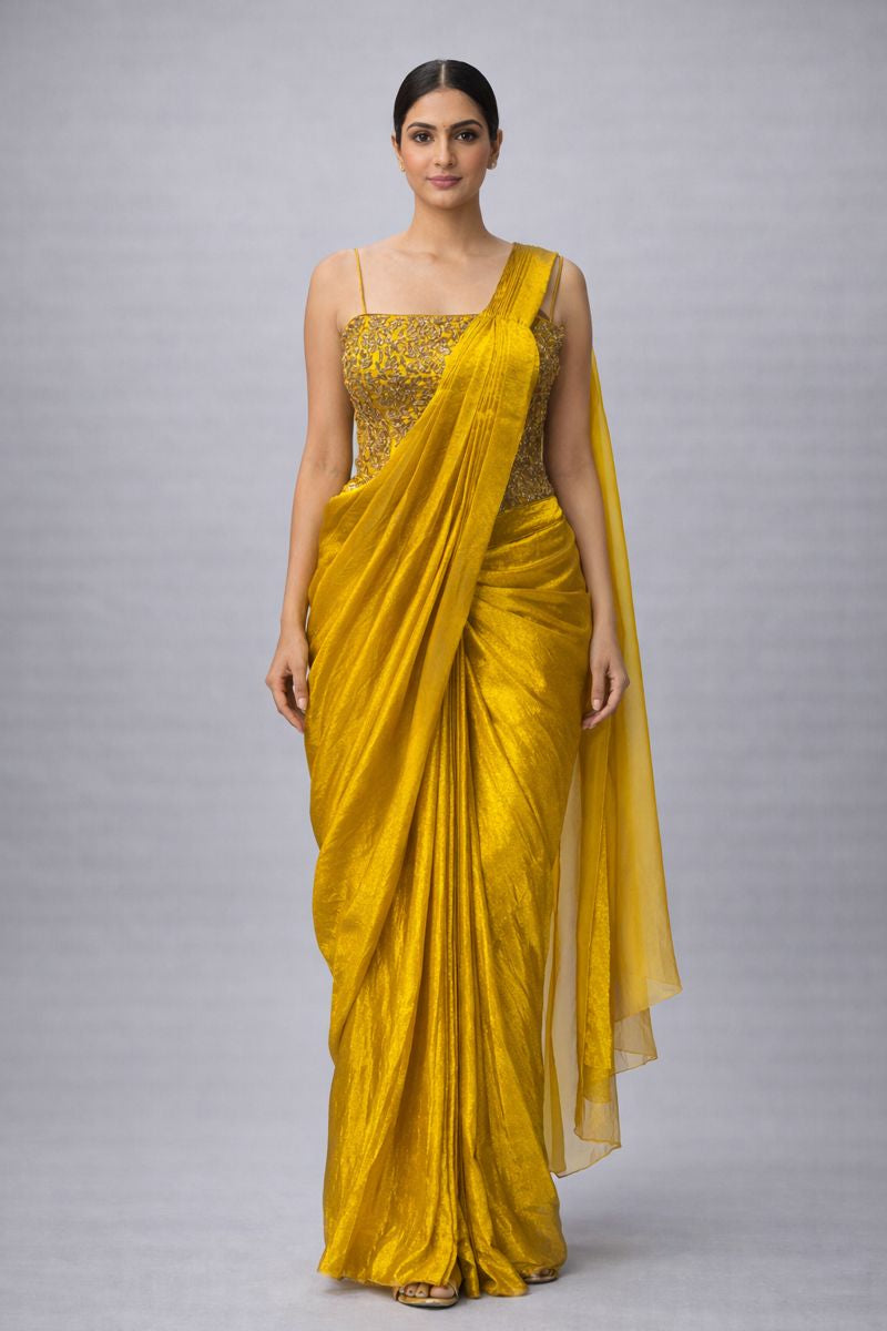 Gold Pre Drape Saree With Co-ord Set Style Blouse 