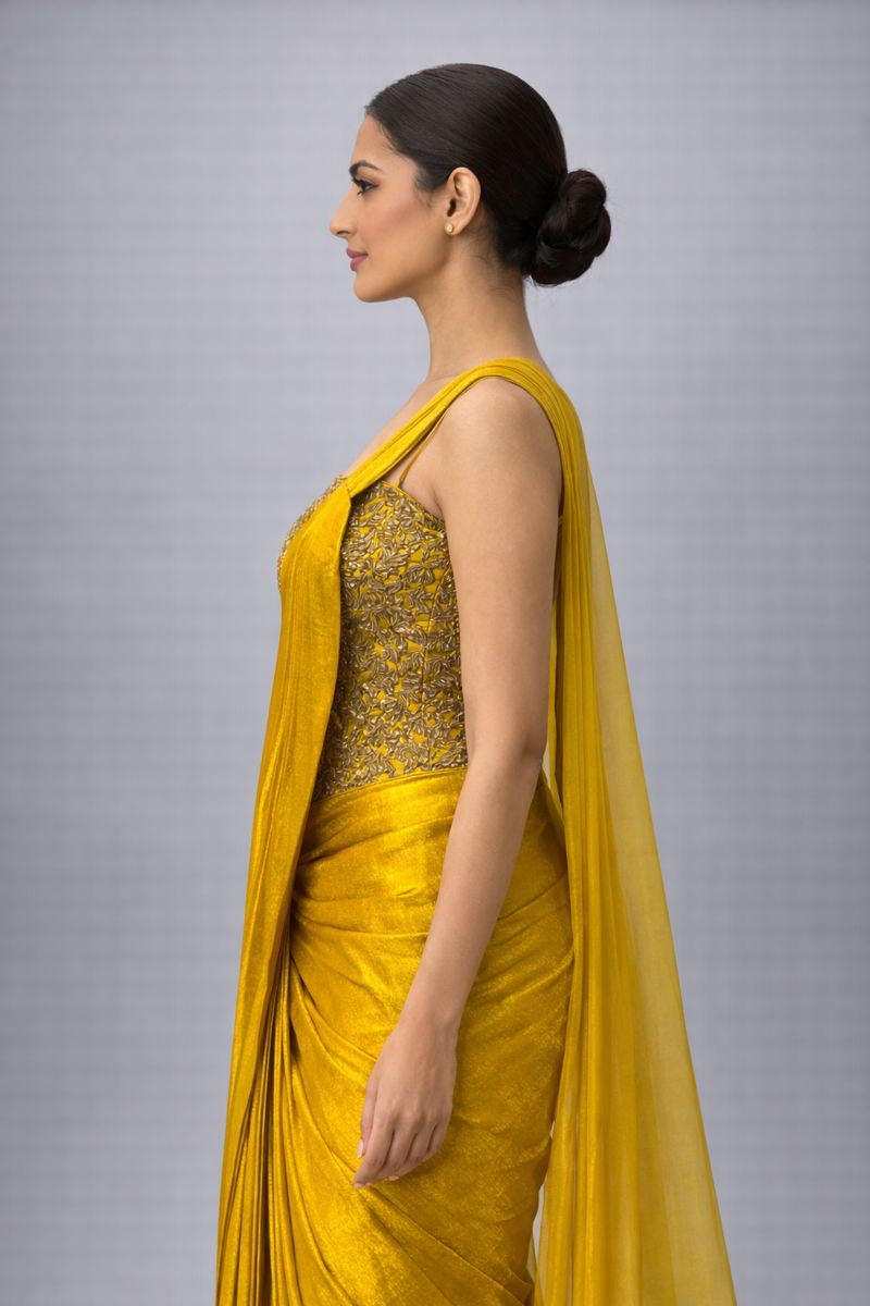 Gold Pre Drape Saree With Co-ord Set Style Blouse 