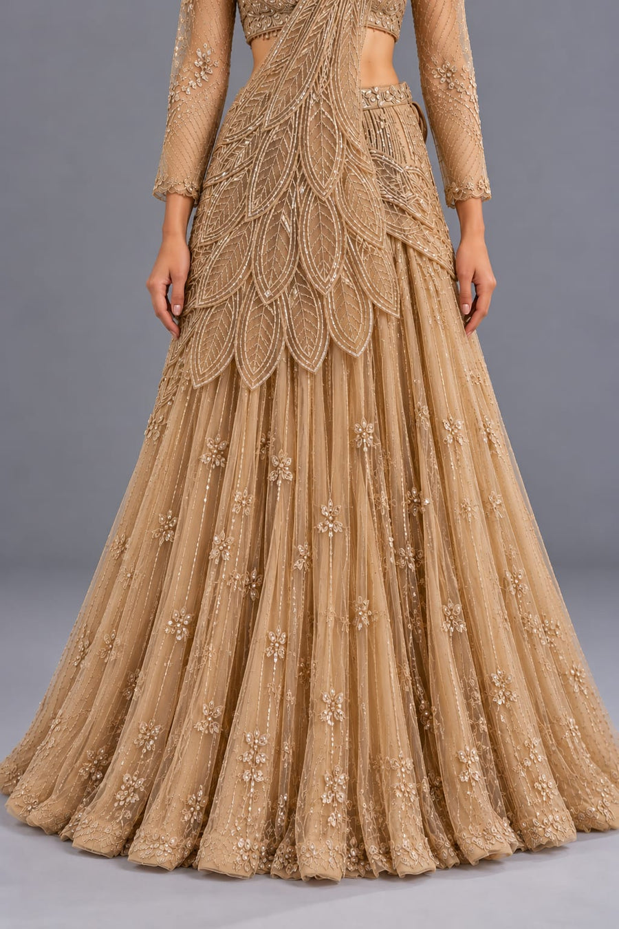 Golden Beige Embroidered Lehenga Choli with Designer Draped Dupatta