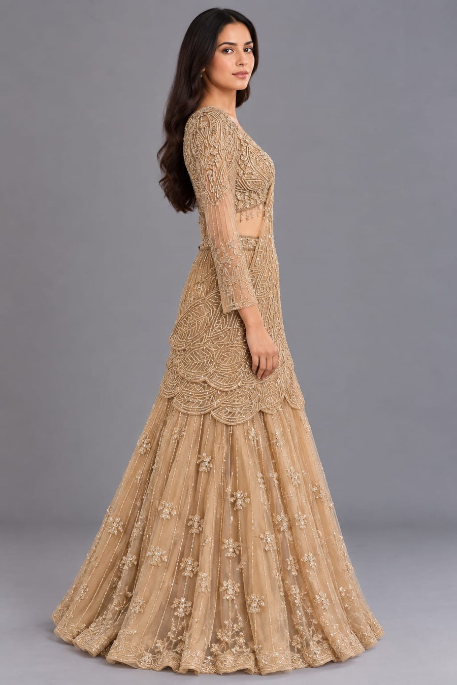 Golden Beige Embroidered Lehenga Choli with Designer Draped Dupatta