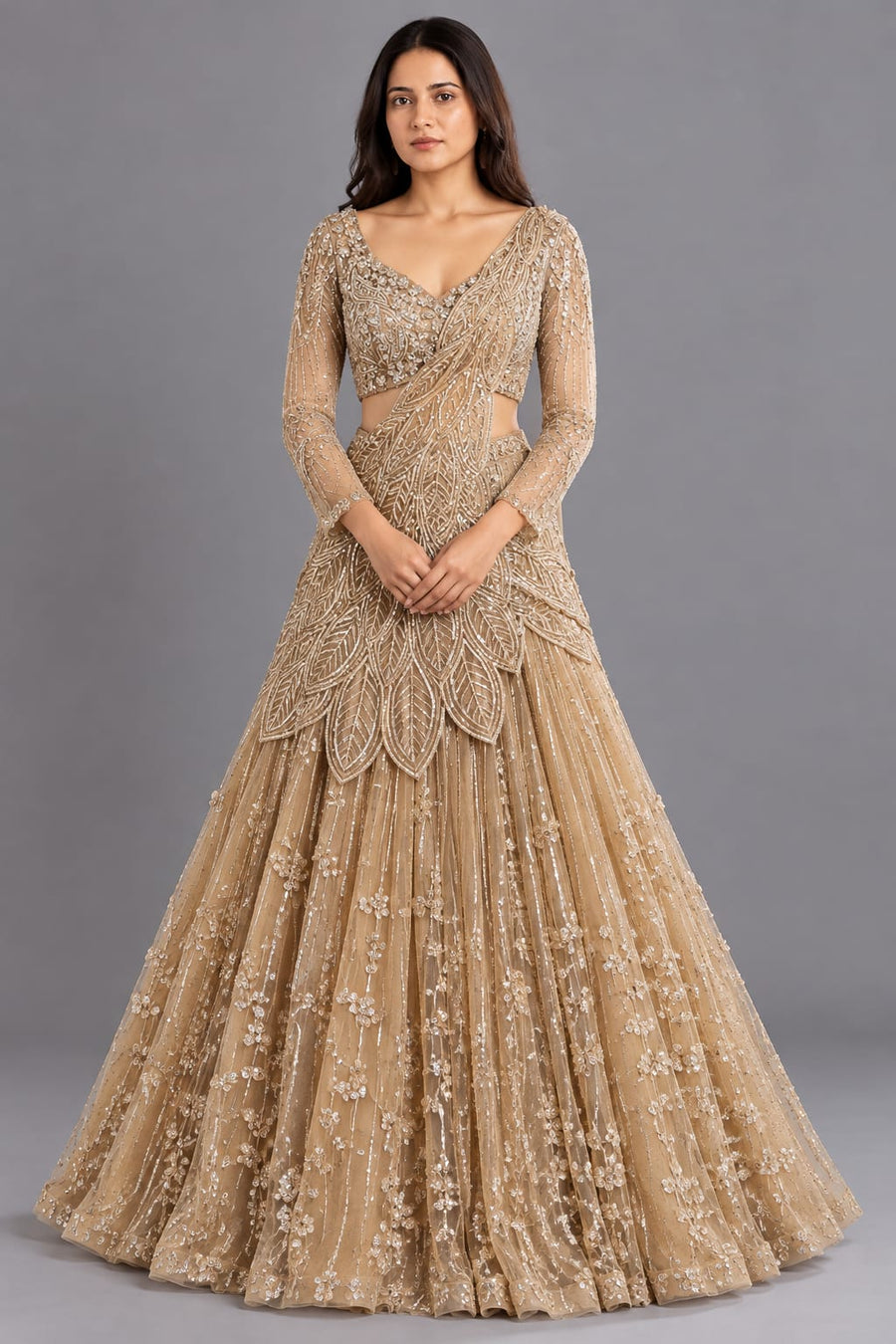 Golden Beige Embroidered Lehenga Choli with Designer Draped Dupatta