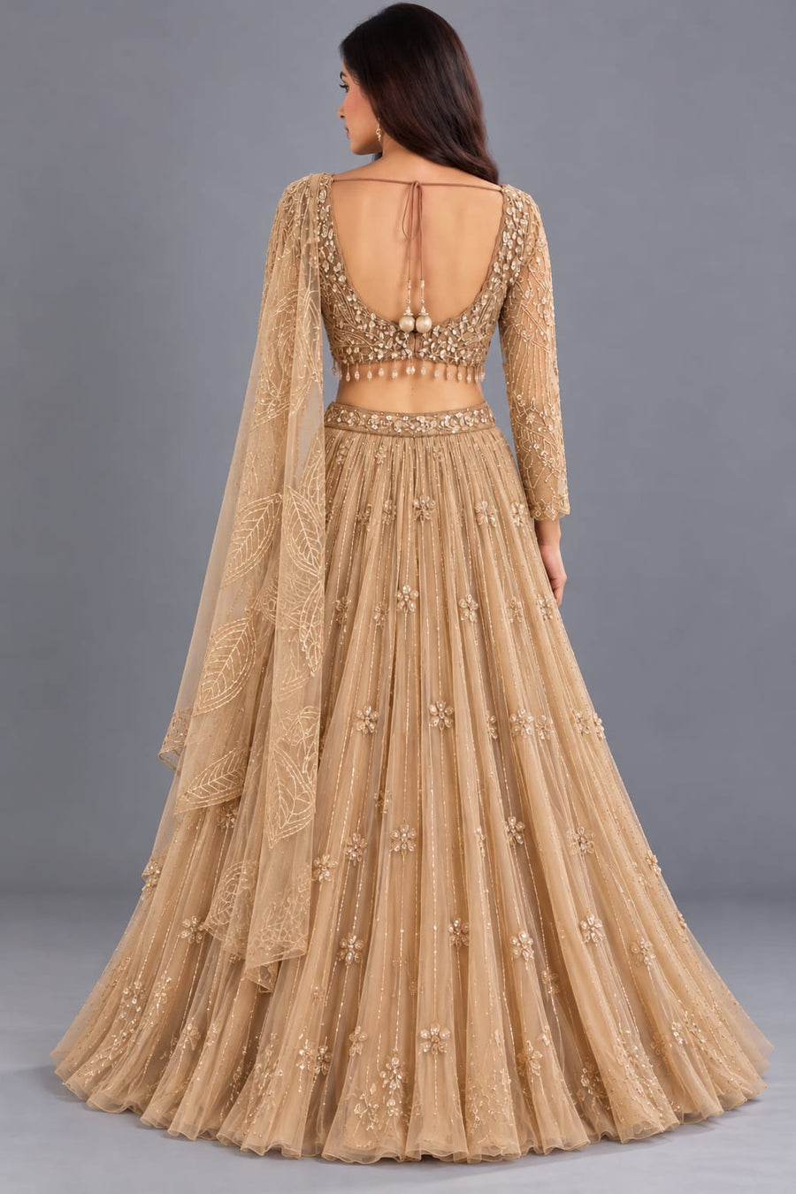 Golden Beige Embroidered Lehenga Choli with Designer Draped Dupatta