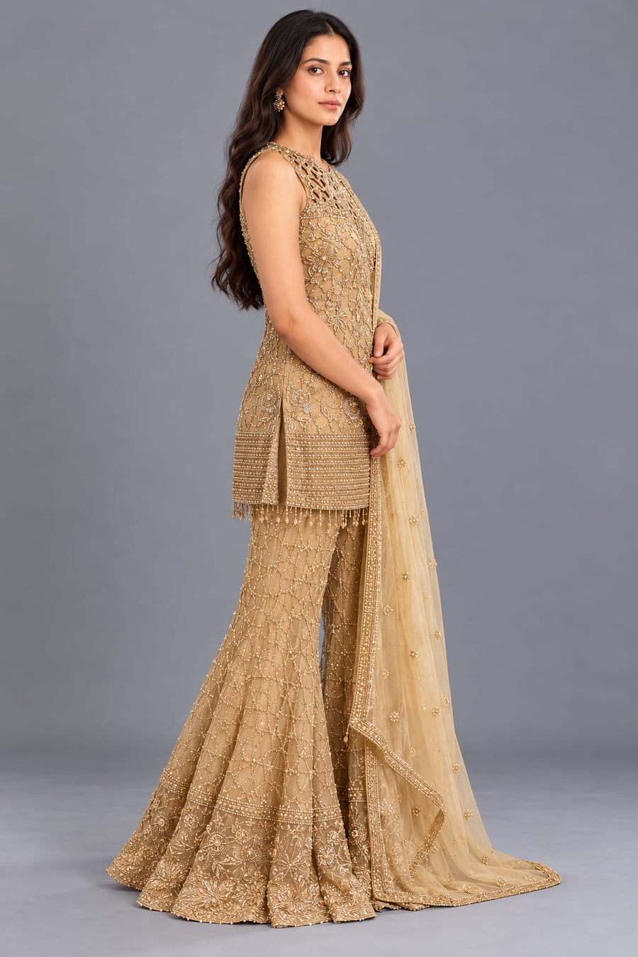 Golden Embroidered Peplum Sharara Set with Net Dupatta