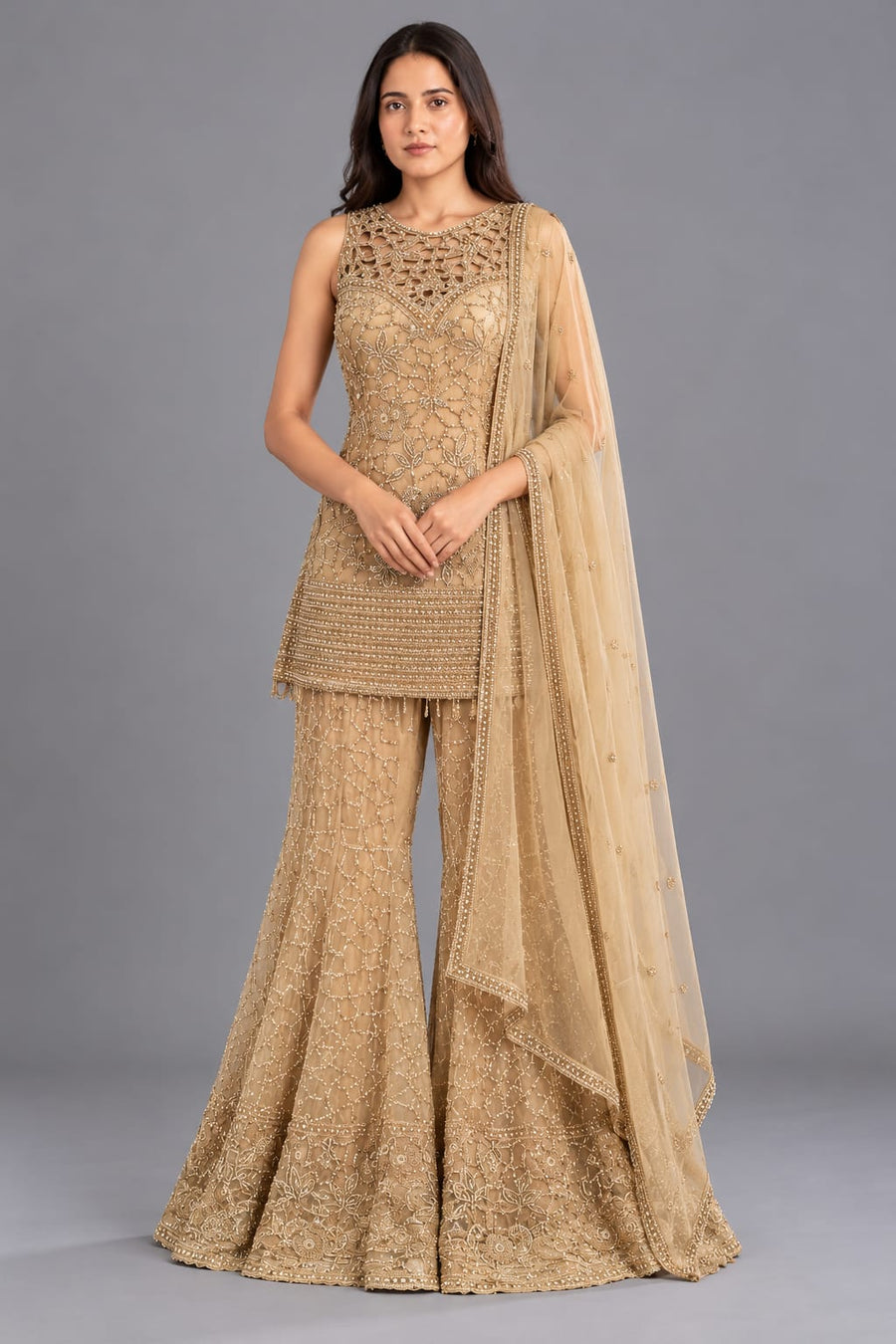 Golden Embroidered Peplum Sharara Set with Net Dupatta