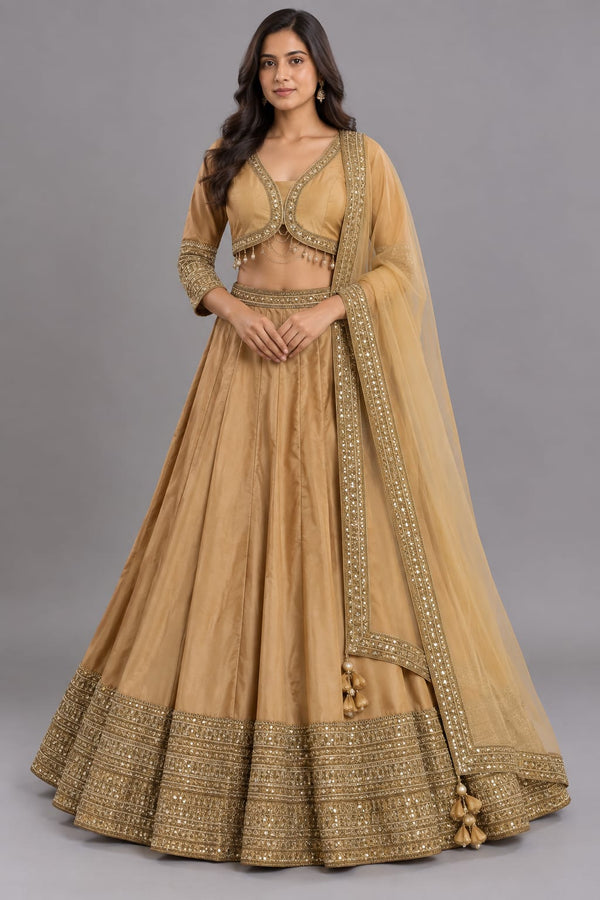 Golden Mirror Work Lehenga Choli with Dupatta | Vastrachowk