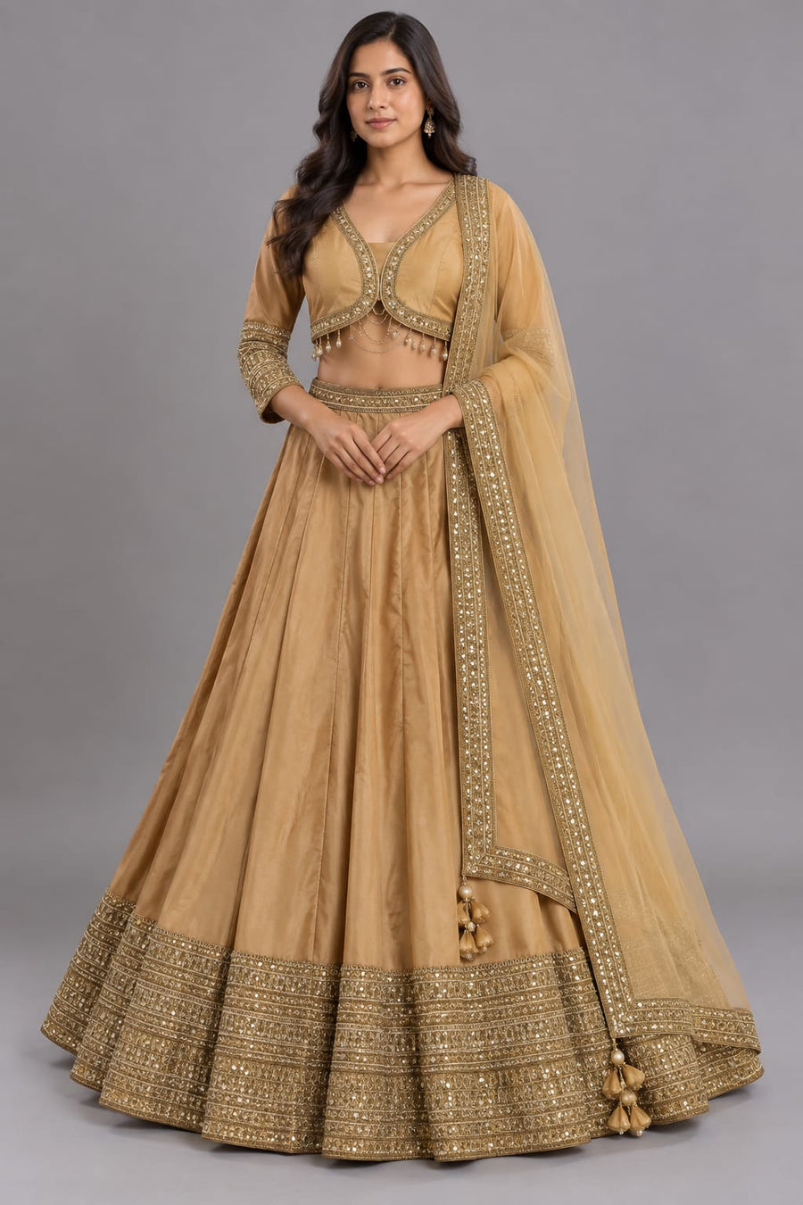 Golden Mirror Work Lehenga Choli with Dupatta | Vastrachowk