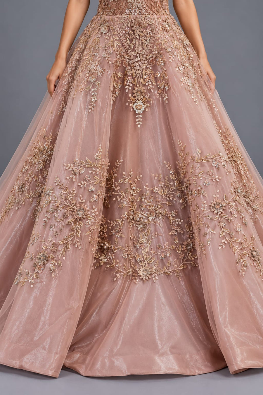 Dusty Rose Embroidered Designer Gown with Statement Shoulder Detail