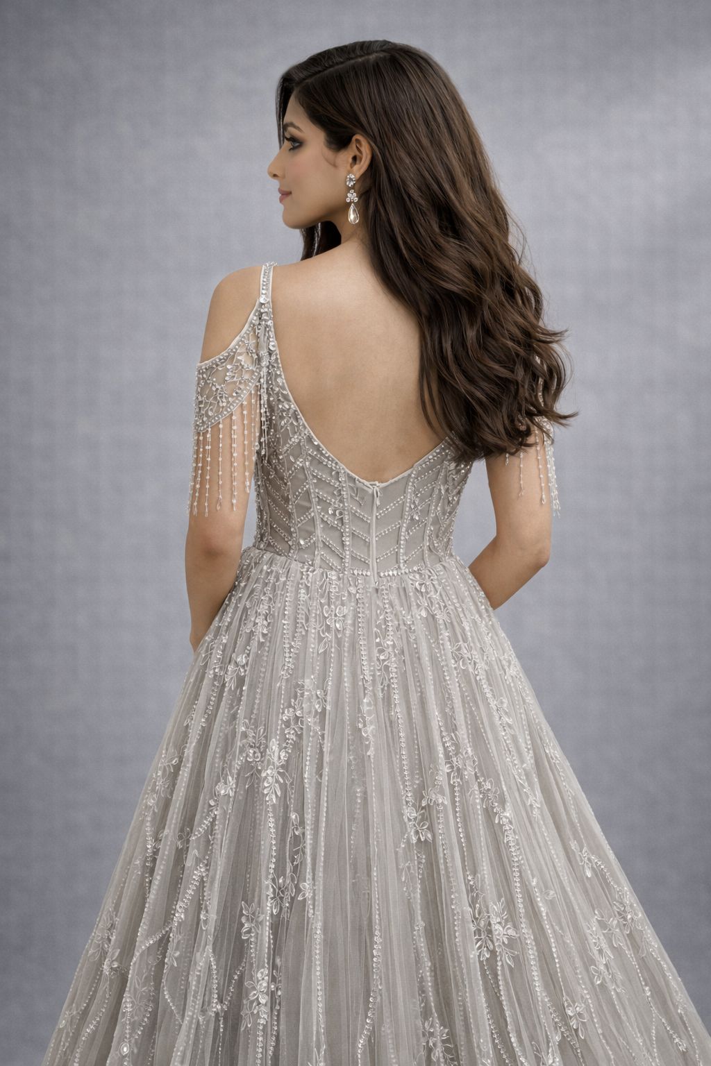 Silver Embroidered Princess Gown with Fringe Sleeves – vastrachowk