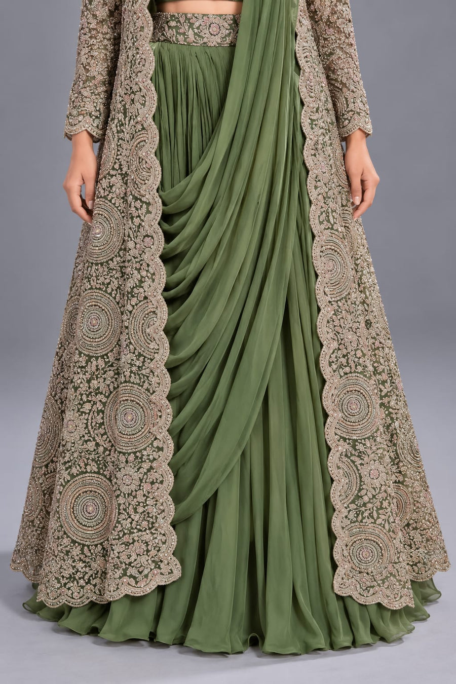 Green Chinon Indo Western Set with Sequin and Resham Work