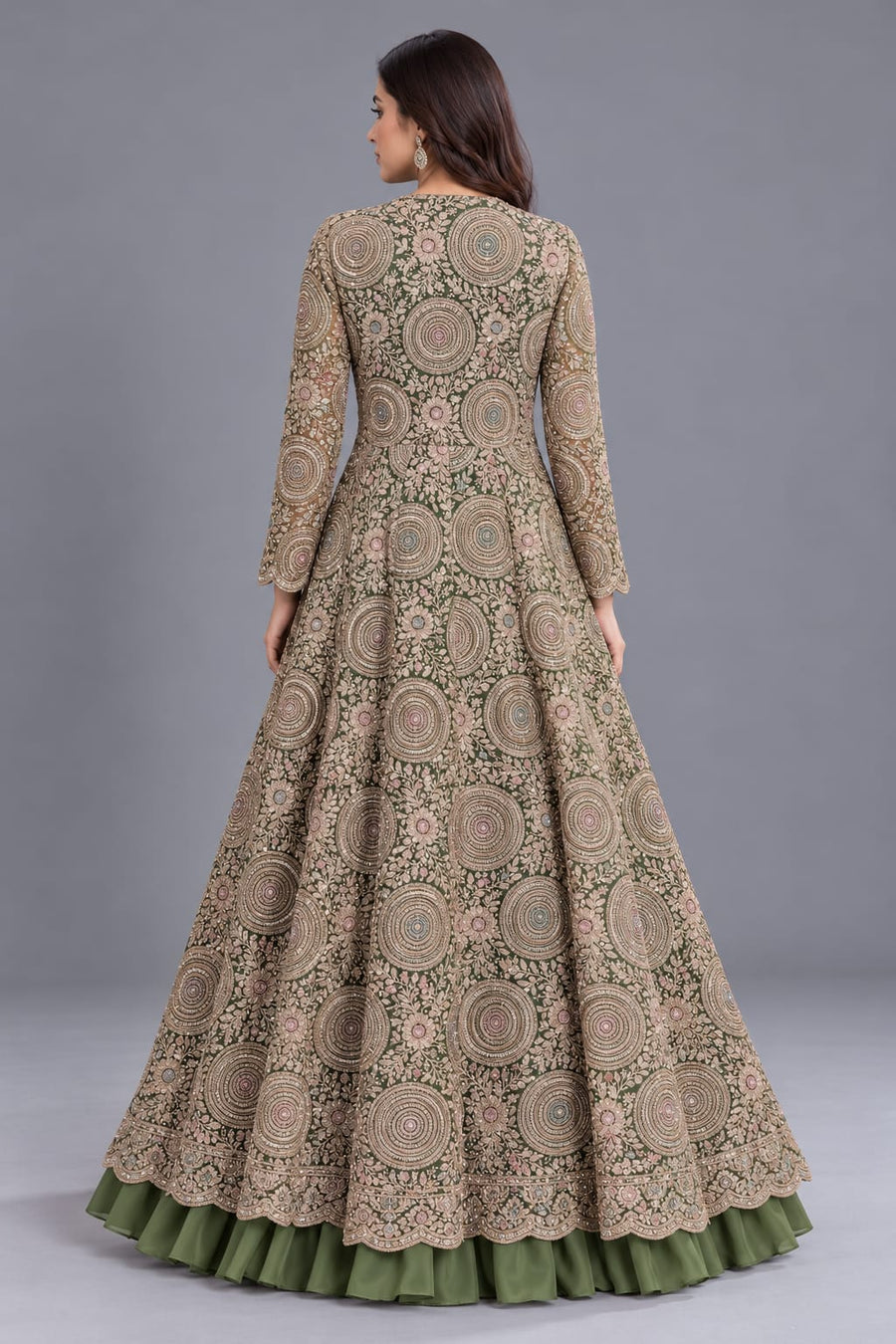 Green Chinon Indo Western Set with Sequin and Resham Work