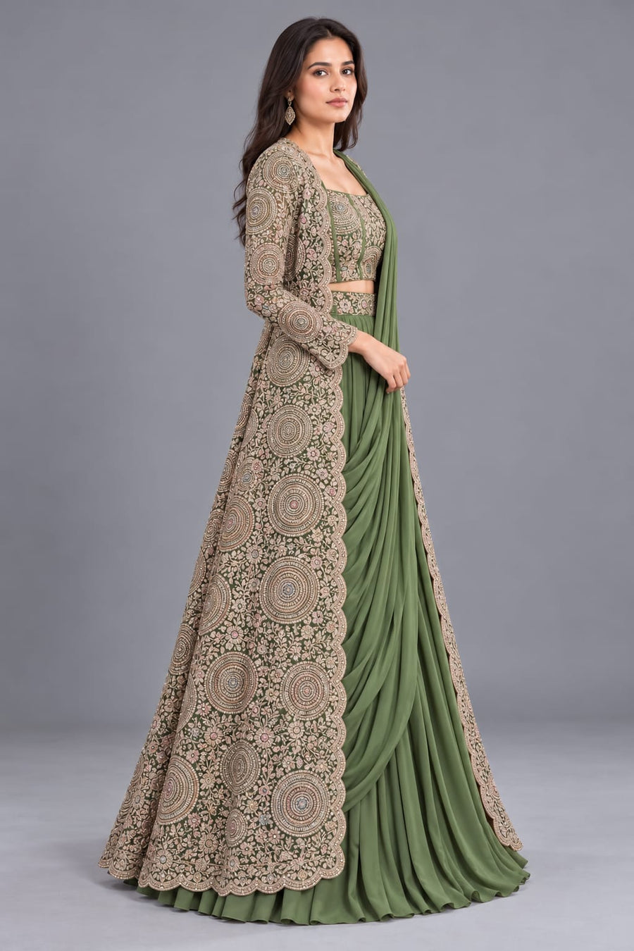 Green Chinon Indo Western Set with Sequin and Resham Work