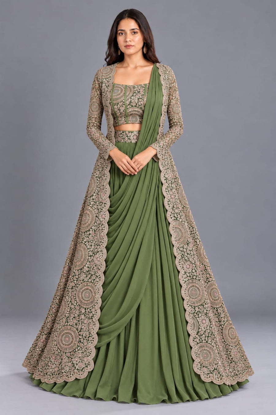 Green Chinon Indo Western Set with Sequin and Resham Work