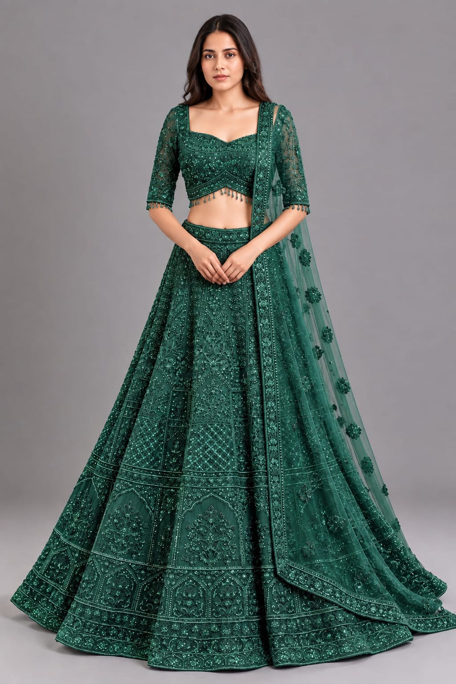 Emerald Green Embellished Designer Lehenga with Net Dupatta