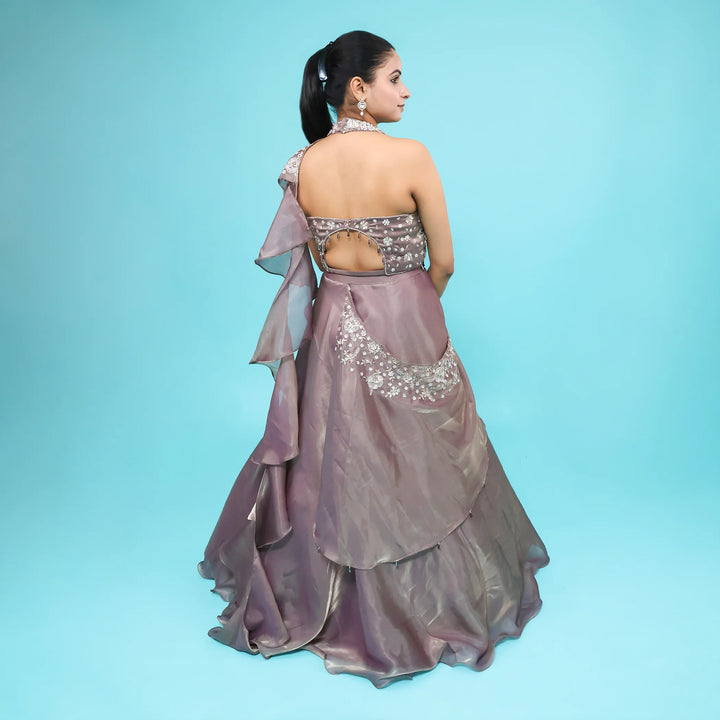 Halter Neck Crop Top Skirt with Drape Dupatta Vastrachowk
