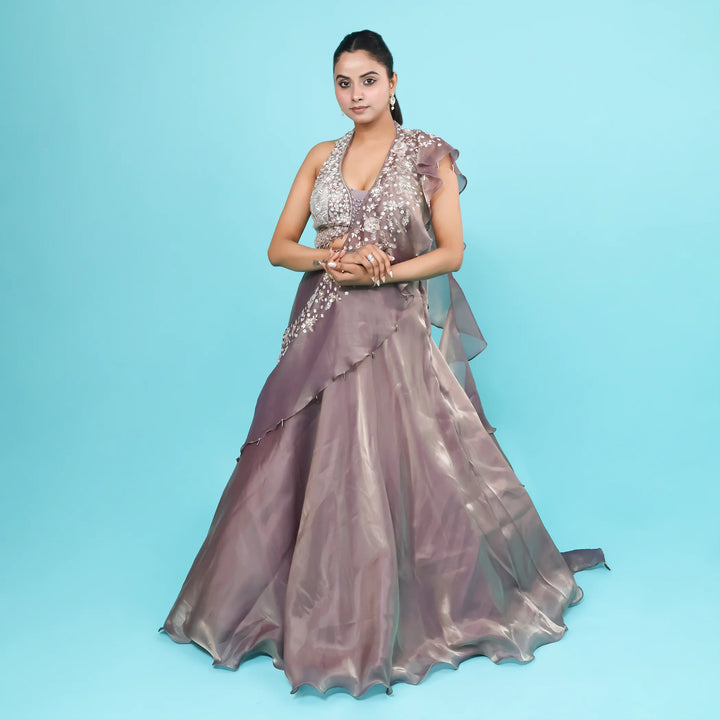 Halter Neck Crop Top Skirt with Drape Dupatta
