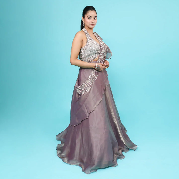 Halter Neck Crop Top Skirt with Drape Dupatta Vastrachowk