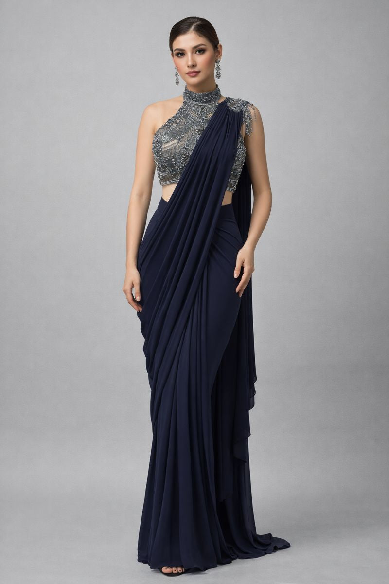 Halterneck Crop Top Drape Saree 