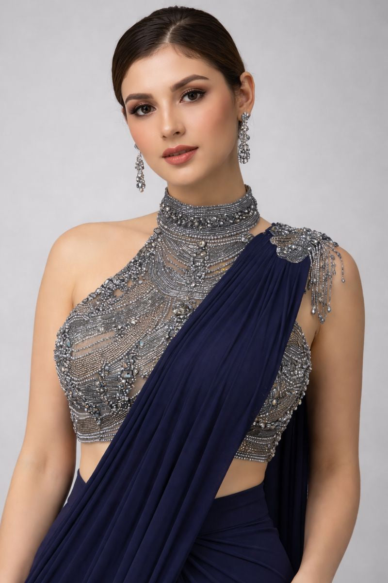 Halterneck Crop Top Drape Saree 