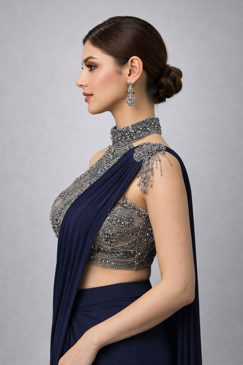 Halterneck Crop Top Drape Saree 