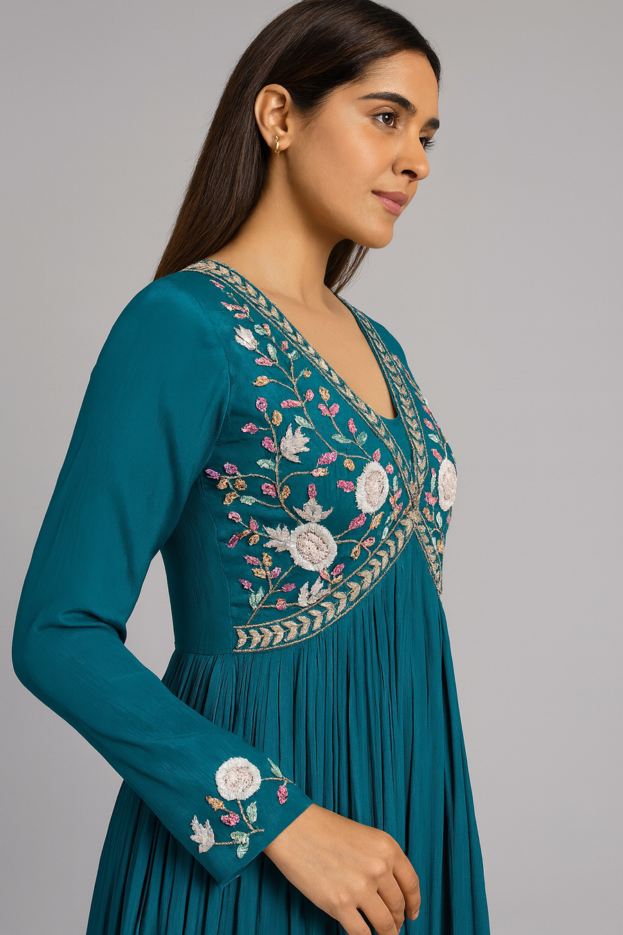 Handwork Choli Green Anarkali with Dupatta Side Profile