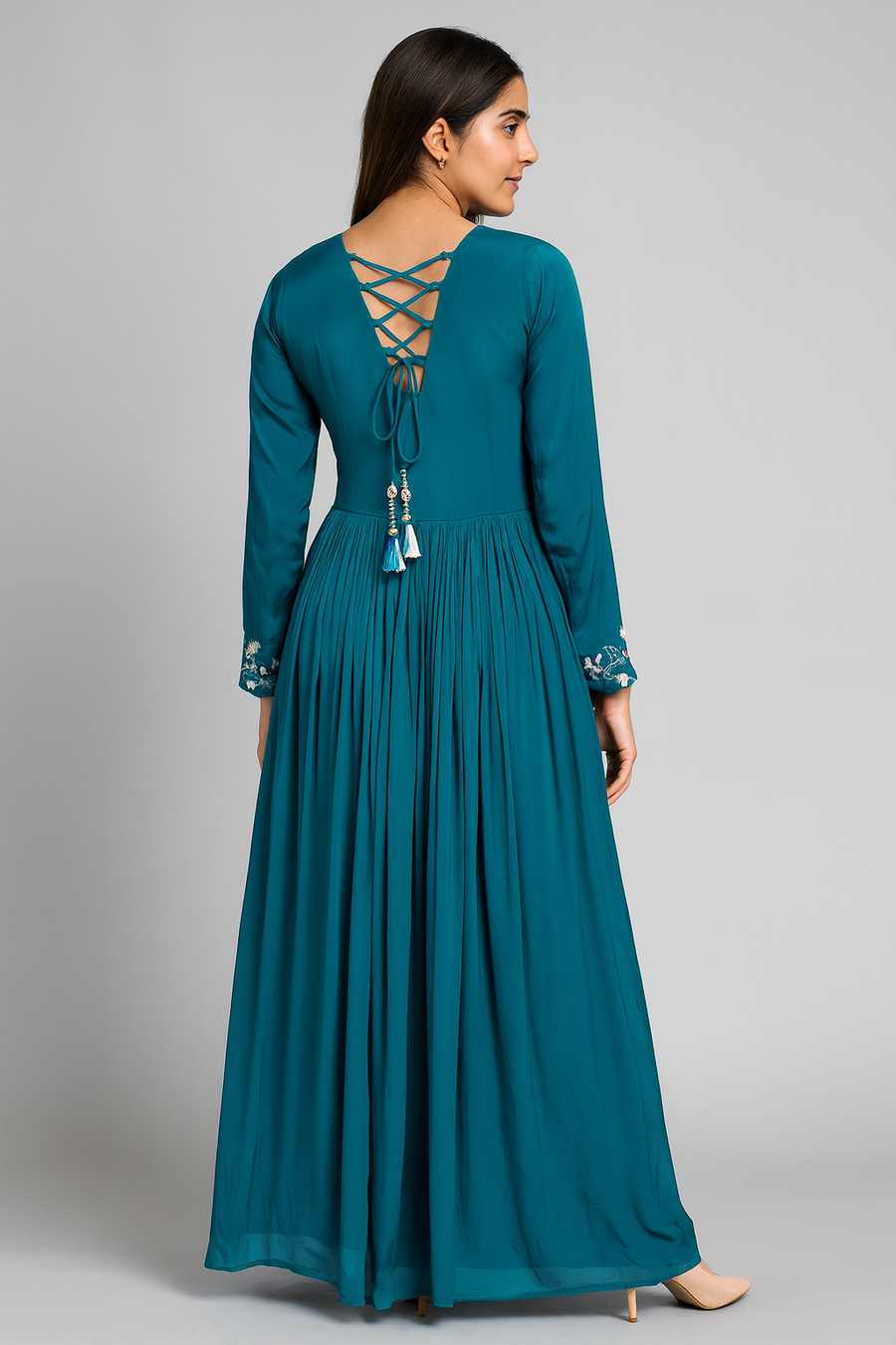 Handwork Choli Green Anarkali with Dupatta back Profile