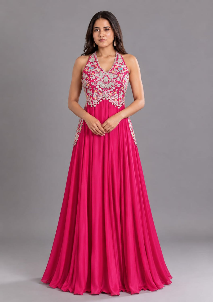 Hot Pink Halter Neck Embroidered Flared Anarkali for Women