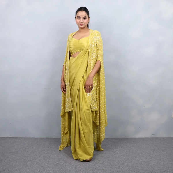 Yellow Drape Saree with Shrug