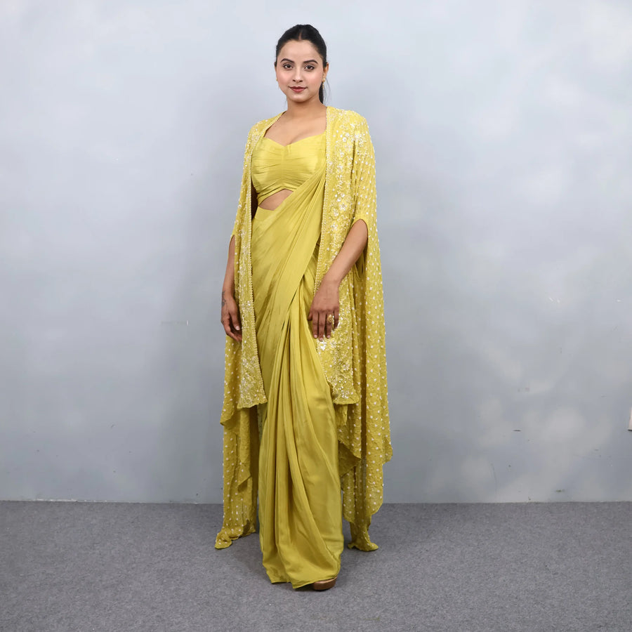 Yellow Drape Saree with Shrug
