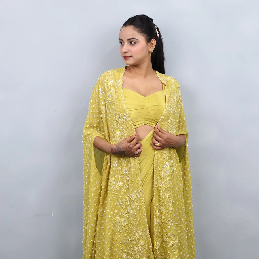 Yellow Drape Saree with Shrug