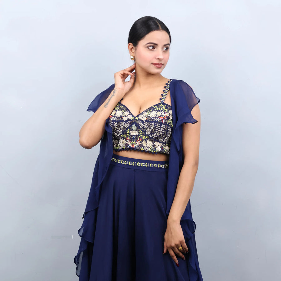 Elegant Blue Crop Top with Divider and Attached Shrug